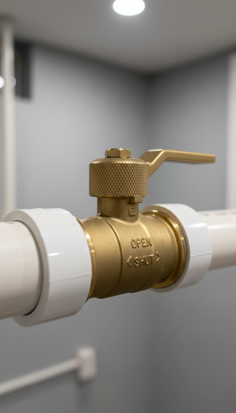 A close-up of a modern, high-quality brass ball valve with intricate knurling on the handle and subtle engraved markings, installed on a section of clean, white PVC pipe. The background features a softly blurred section of an immaculately maintained basement utility wall painted in light gray. Bright, diffused artificial lighting illuminates the valve evenly, producing gentle highlights on the polished surface and adding depth through delicate shadowing. The camera is positioned at a low, intimate angle, focusing on the valve's refinery and the integrity of the installation. The atmosphere is trustworthy and professional, reinforcing the site’s dependable and expert reputation. Photographic realism, clean lines, and neutral tones support the image’s corporate and structured feel.