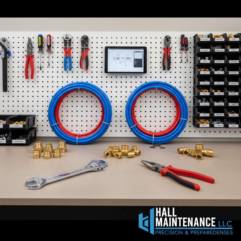 A set of meticulously organized plumbing tools, including a polished adjustable wrench, red-handled pliers, and neatly coiled blue and red PEX tubing, arranged with precision atop a neutral-toned, matte-finished workbench. In the background, a tidy pegboard wall holds additional tools and fittings, all immaculately arranged for visual clarity. Soft, even overhead lighting washes over the scene, creating crisp edges and subtle, balanced shadows that define each tool’s contours. The overall composition is a slightly elevated, wide-angle view using rule-of-thirds framing, capturing the entire workspace in sharp detail. The mood is efficient and orderly, reflecting the structured, corporate approach of a skilled handyman service. Photographic style is sharp, modern, and clean, emphasizing Hall Maintenance LLC’s attention to detail and readiness.