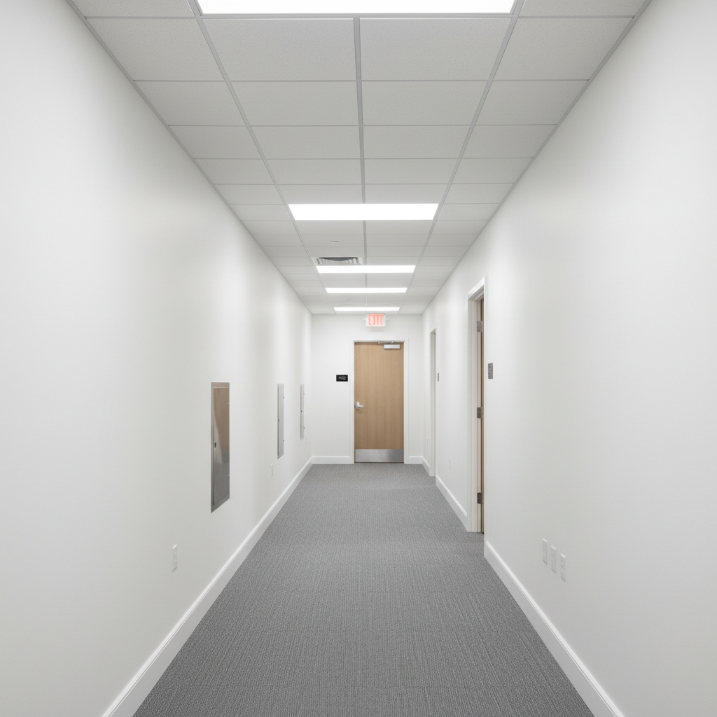 A detailed, photographic interior shot of a newly serviced office hallway with flawless white walls, freshly painted trim, and a perfectly aligned suspended ceiling with evenly spaced LED panels. The commercial-grade carpet appears freshly cleaned with subtle vacuum lines, and the baseboards show no scuffs or marks. Along the wall, pristine metal access panels and electrical outlets sit flush and well-maintained. Soft, even overhead lighting creates a bright yet comfortable environment, eliminating harsh shadows and emphasizing cleanliness. Captured at eye level with a long, leading-line composition, the hallway draws the eye toward a softly blurred, neutral-tone door at the end. The mood is calm, orderly, and highly professional, conveying the effects of comprehensive interior maintenance without showing any occupants.